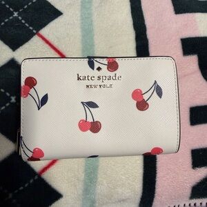 kate spade White Cherry Print Zip Wallet with Pink & Red Cherries